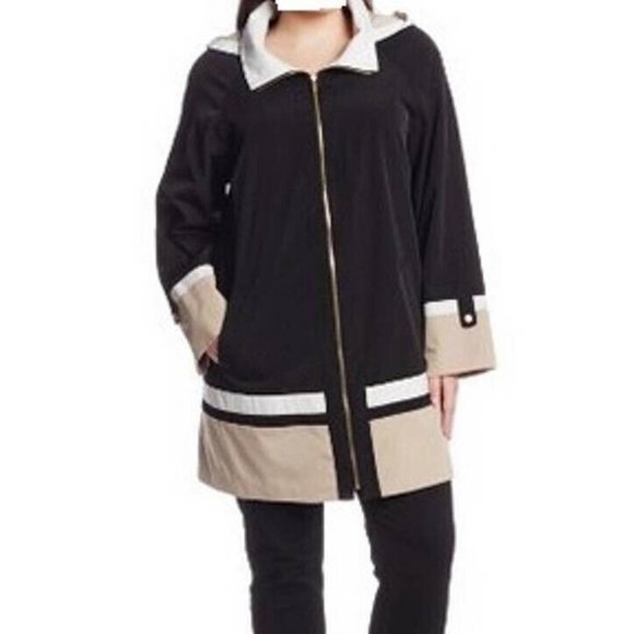 Jones New York Black Tan White Colorblock Zip Swing Hooded Jacket size 3X - Picture 1 of 11